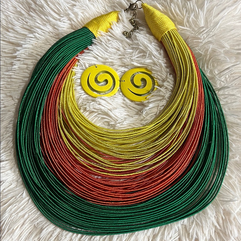 Handcrafted Multistrand Yellow, Orange & Green Statement Necklace with Earrings